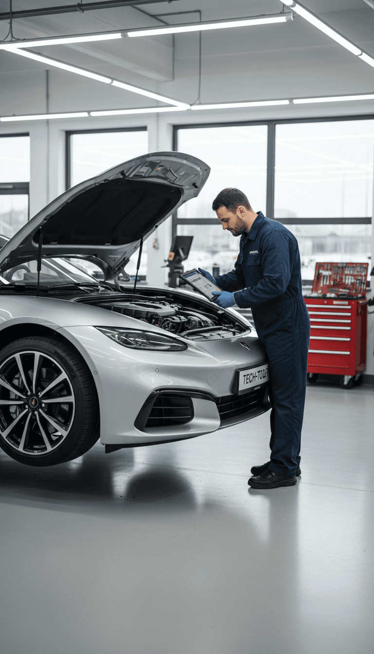 Mechanic inspecting a vehicle in a clean auto shop