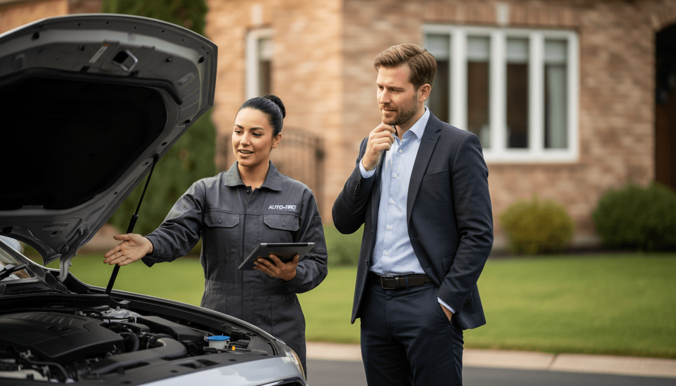 Mechanic talking with a car owner at the service counter