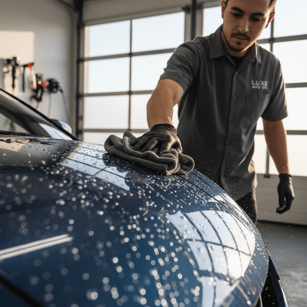Clean car with water droplets on paint and polished wheels