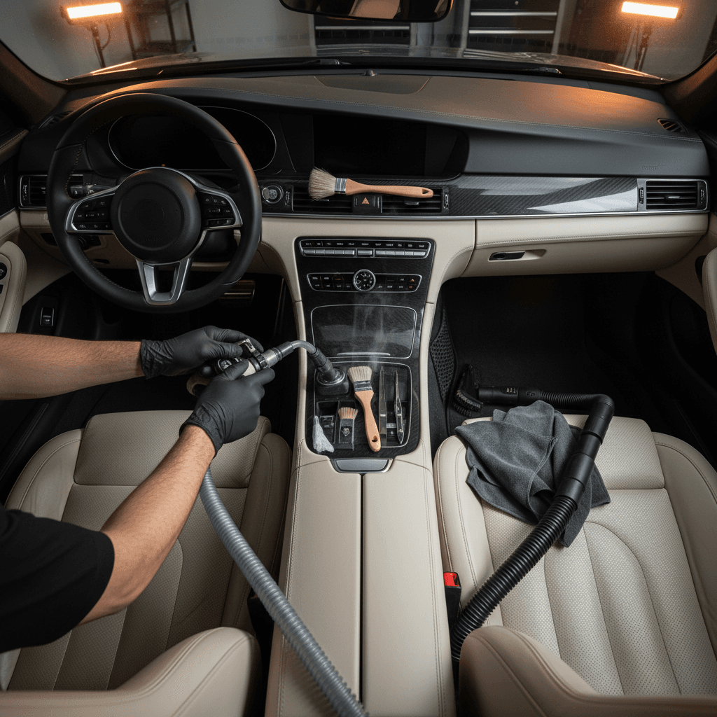 Freshly detailed car interior with spotless leather seats