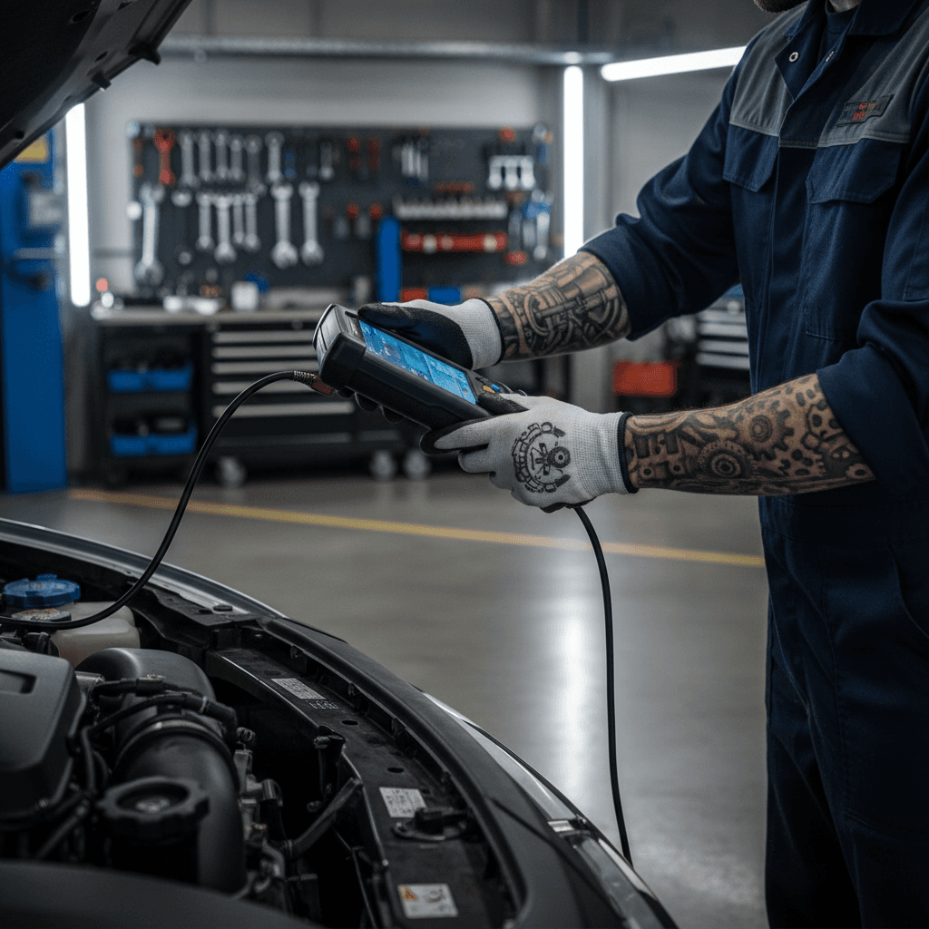 Mechanic inspecting a car in a clean shop
