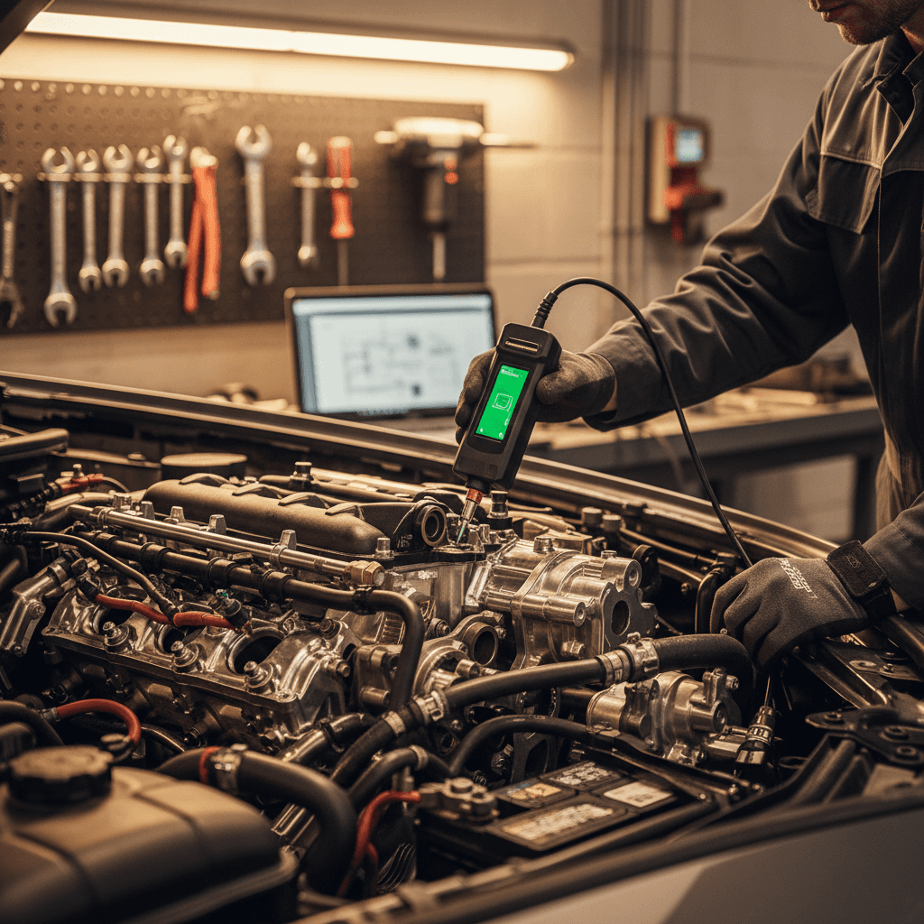 Mechanic inspecting a car engine in a professional auto shop
