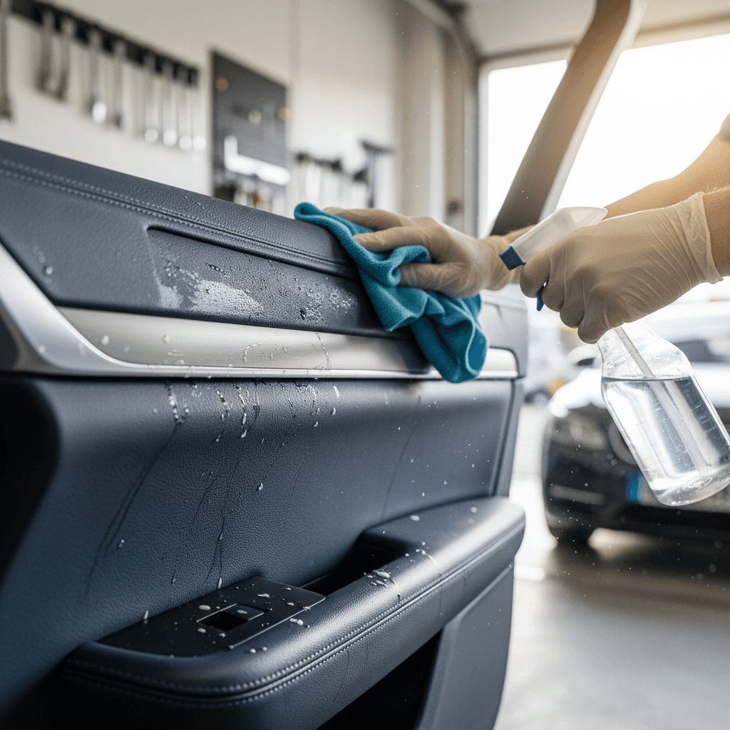 Detailer wiping a car console with a microfiber cloth