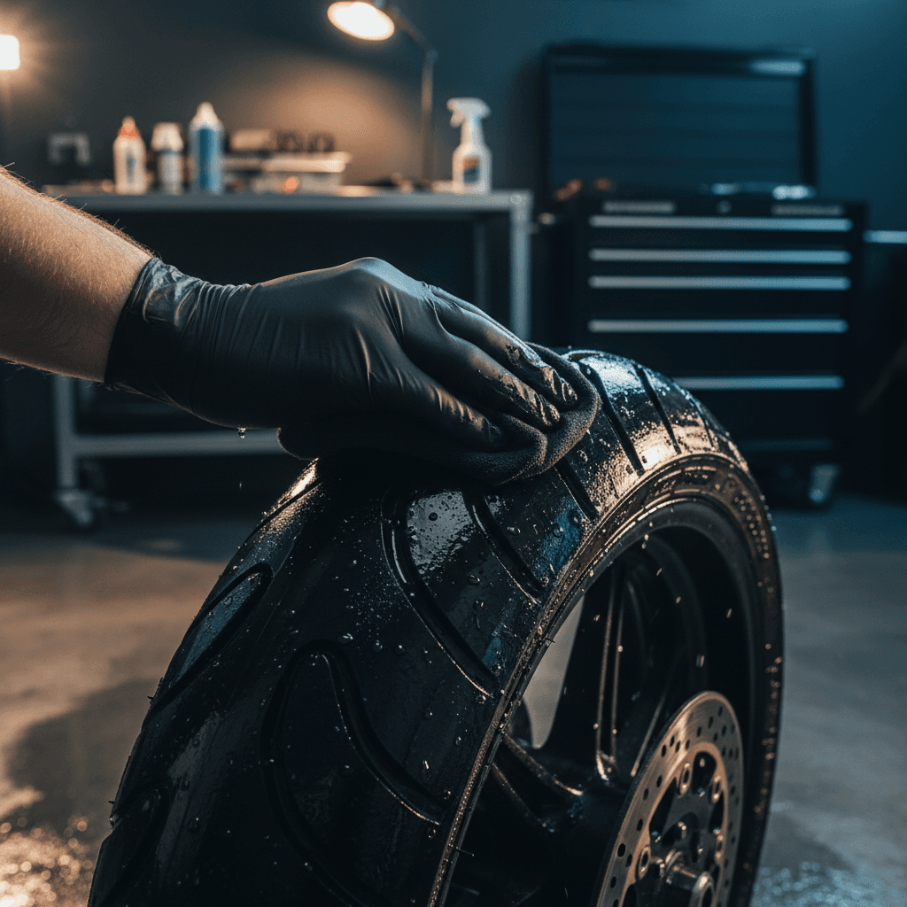 Tire shine being applied to a wheel in a detailing bay