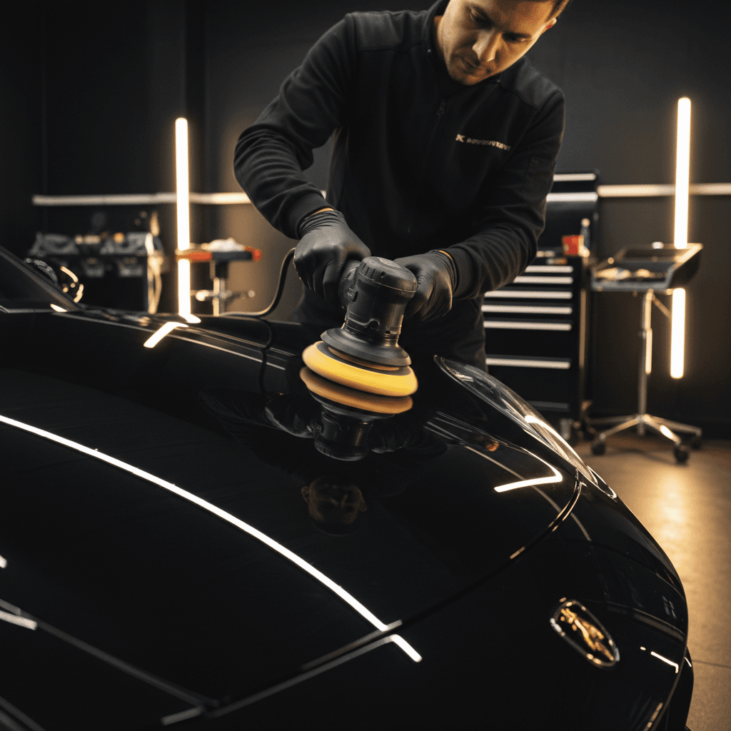 Professional detailer polishing a black car in a bright garage