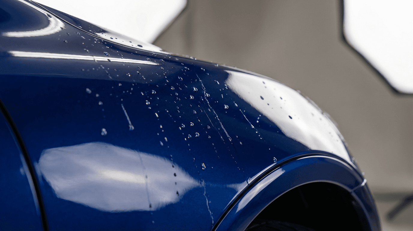 Glossy car paint finish reflecting in front of an auto shop